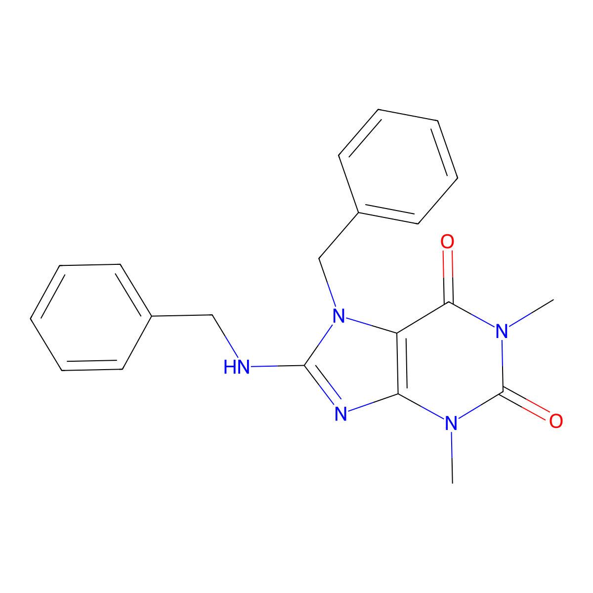 7-benzyl-8-(benzylamino)-1,3-dimethyl-3,7-dihydro-1H-purine-2,6-dione molecular structure, CAS 359905-29-6