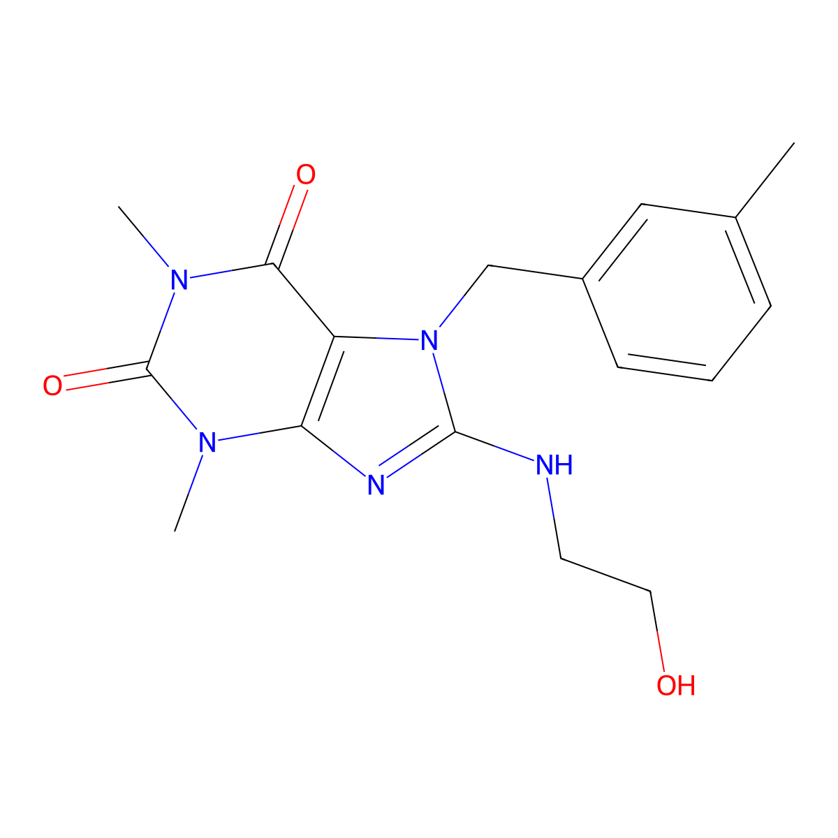 8-((2-hydroxyethyl)amino)-1,3-dimethyl-7-(3-methylbenzyl)-1H-purine-2,6(3H,7H)-dione molecular structure, CAS 359905-80-9
