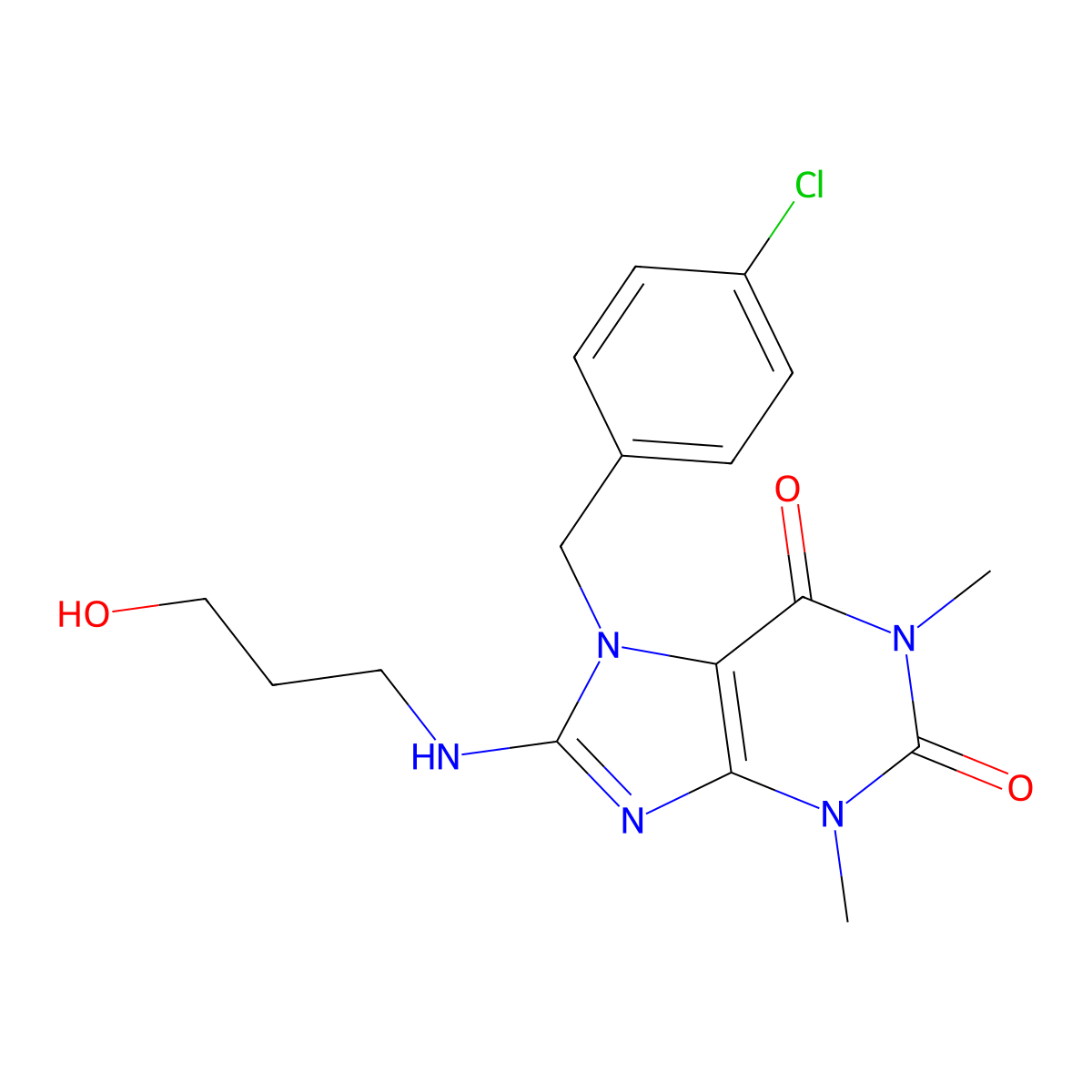 7-(4-CL-Benzyl)-8-((3-HO-propyl)amino)-1,3-DI-ME-3,7-dihydro-1H-purine-2,6-dione molecular structure, CAS 359906-83-5