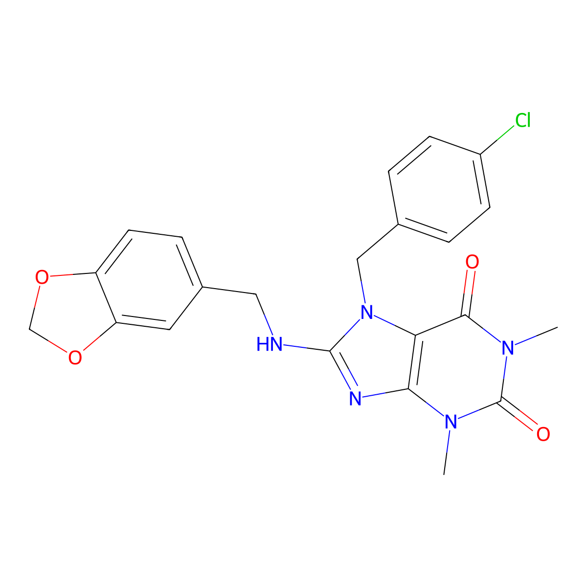 8-((benzo[d][1,3]dioxol-5-ylmethyl)amino)-7-(4-chlorobenzyl)-1,3-dimethyl-1H-purine-2,6(3H,7H)-dione molecular structure, CAS 359906-89-1
