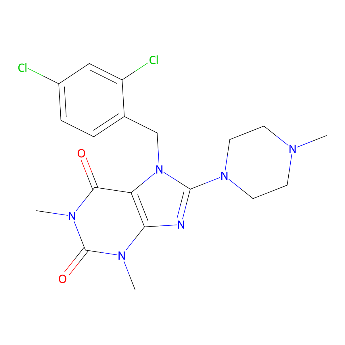 7-[(2,4-Dichlorophenyl)methyl]-1,3-dimethyl-8-(4-methylpiperazin-1-yl)purine-2,6-dione molecular structure, CAS 359908-14-8