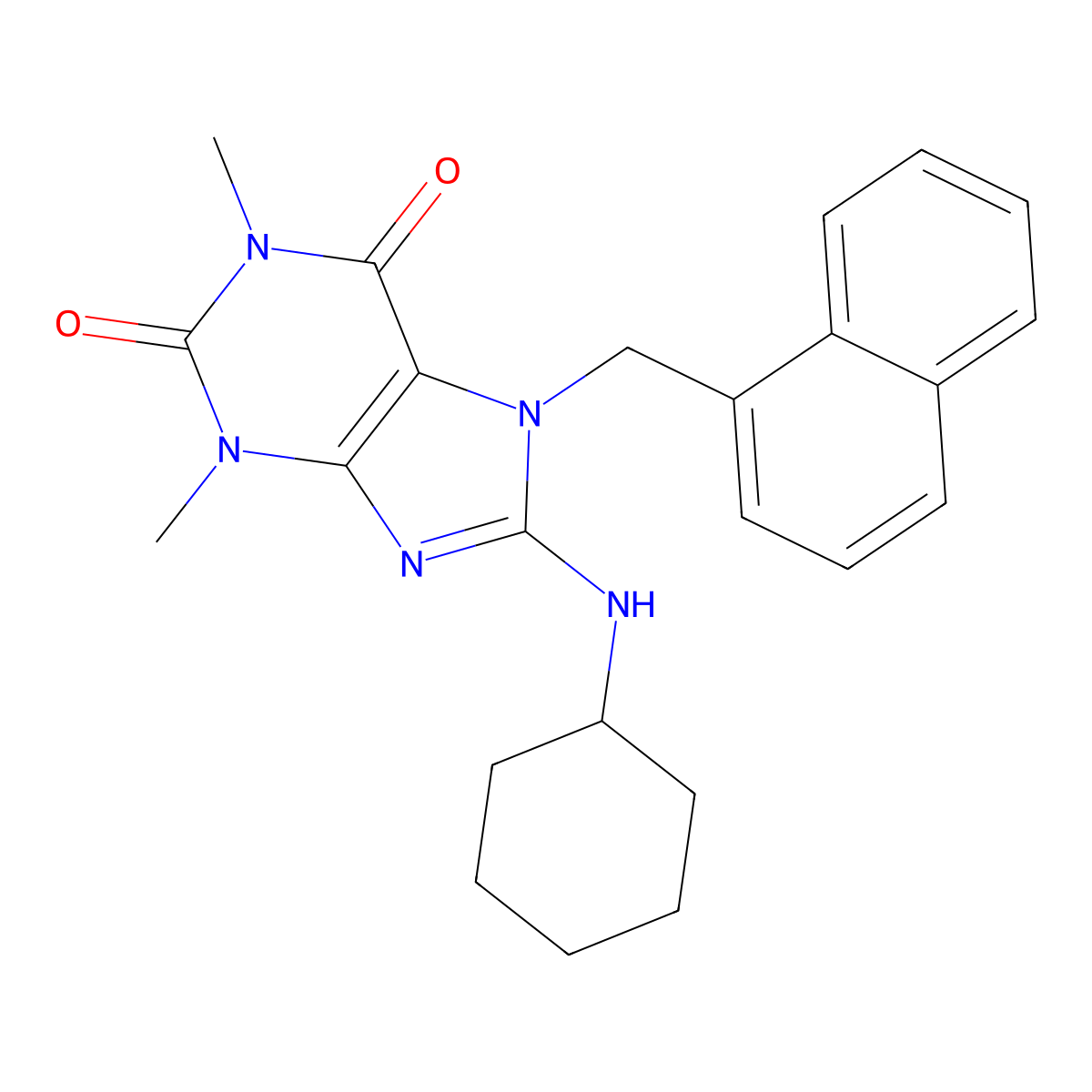 8-(Cyclohexylamino)-1,3-DI-ME-7-(1-naphthyl-ME)-3,7-dihydro-1H-purine-2,6-dione molecular structure, CAS 359910-06-8