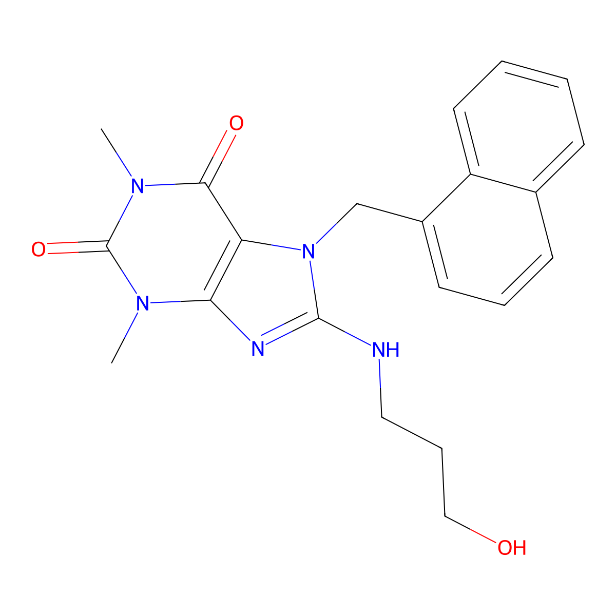 8-[(3-Hydroxypropyl)amino]-1,3-dimethyl-7-(1-naphthylmethyl)-3,7-dihydro-1H-purine-2,6-dione molecular structure, CAS 359910-30-8