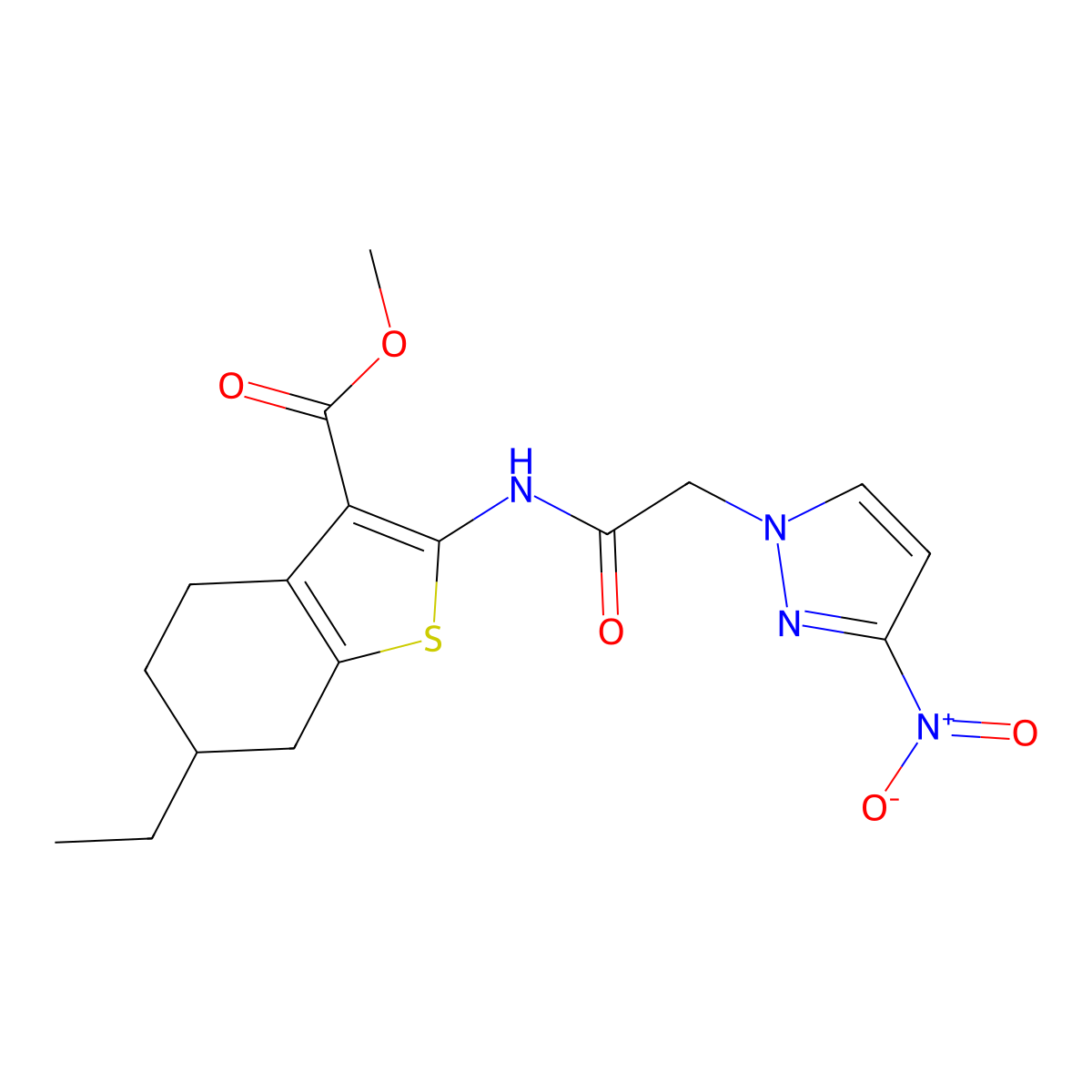 methyl 6-ethyl-2-(2-(3-nitro-1H-pyrazol-1-yl)acetamido)-4,5,6,7-tetrahydrobenzo[b]thiophene-3-carboxylate molecular structure, CAS 360573-20-2