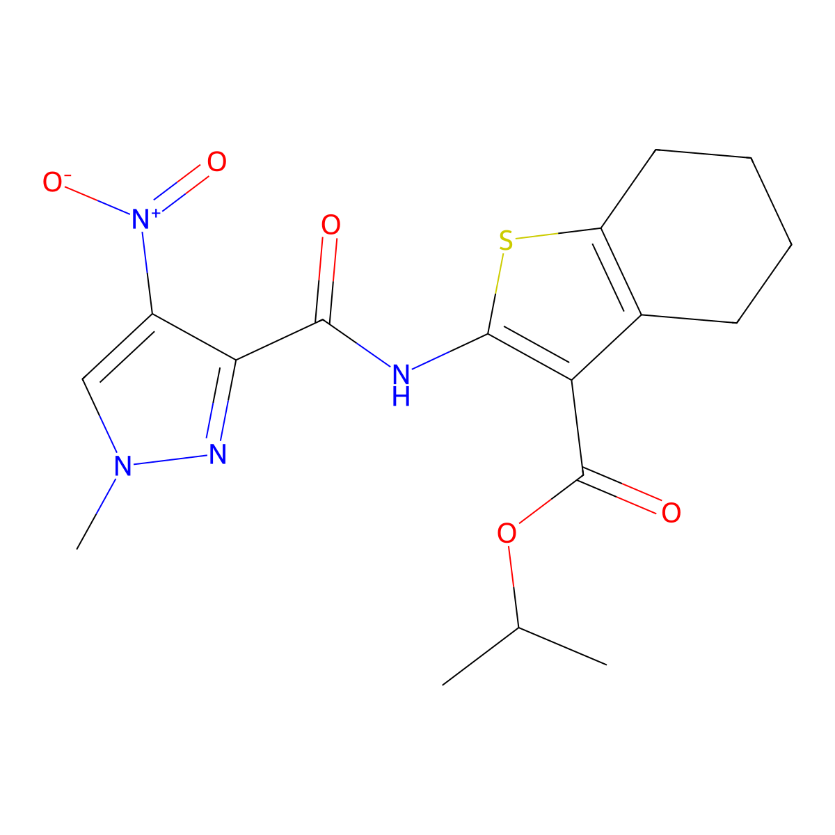 isopropyl 2-(1-methyl-4-nitro-1H-pyrazole-3-carboxamido)-4,5,6,7-tetrahydrobenzo[b]thiophene-3-carboxylate molecular structure, CAS 360573-22-4