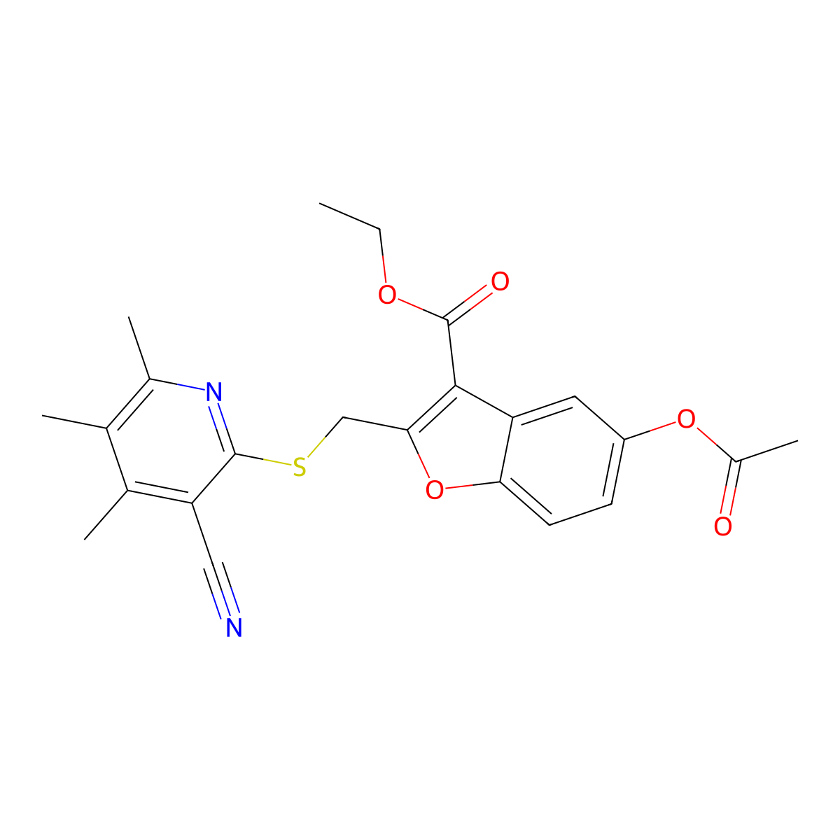 Ethyl 5-(acetyloxy)-2-{[(3-cyano-4,5,6-trimethylpyridin-2-yl)sulfanyl]methyl}-1-benzofuran-3-carboxylate molecular structure, CAS 360770-00-9