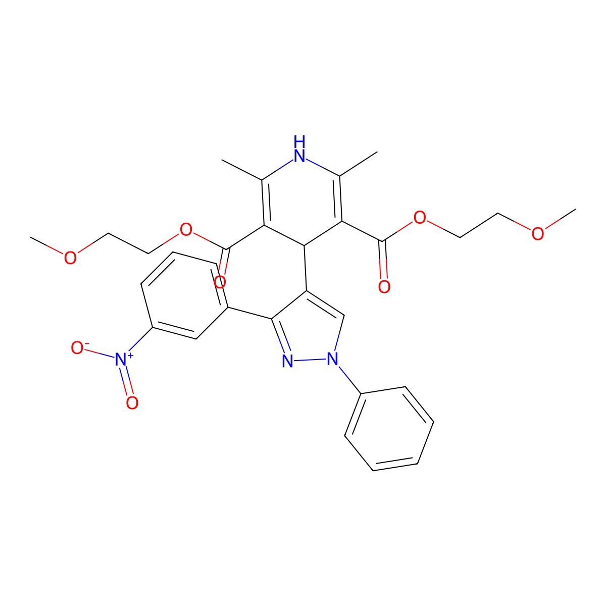 Bis(2-methoxyethyl) 2,6-dimethyl-4-[3-(3-nitrophenyl)-1-phenylpyrazol-4-yl]-1,4-dihydropyridine-3,5-dicarboxylate molecular structure, CAS 360789-85-1
