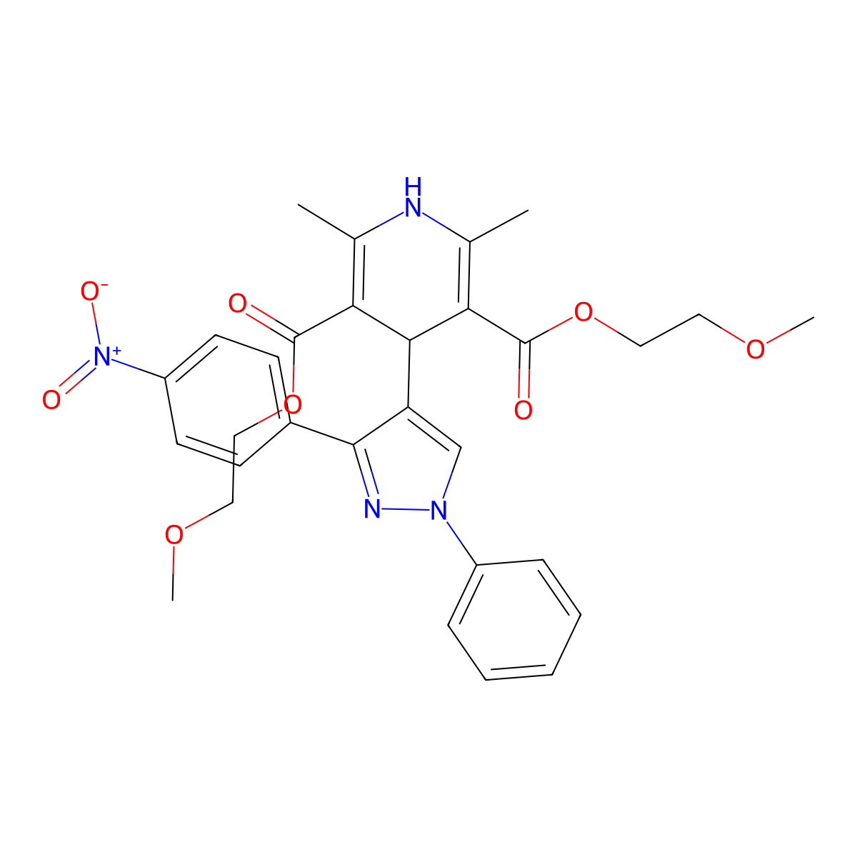 Bis(2-methoxyethyl) 2,6-dimethyl-4-(3-(4-nitrophenyl)-1-phenyl-1H-pyrazol-4-YL)-1,4-dihydro-3,5-pyridinedicarboxylate molecular structure, CAS 360789-86-2