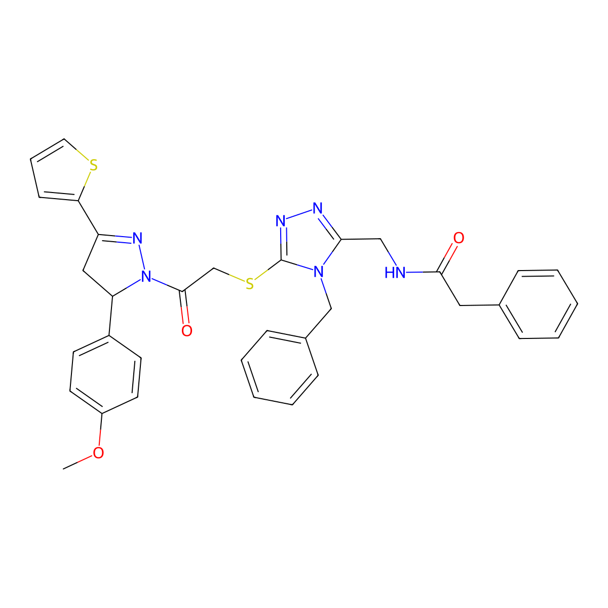 N-((4-benzyl-5-((2-(5-(4-methoxyphenyl)-3-(thiophen-2-yl)-4,5-dihydro-1H-pyrazol-1-yl)-2-oxoethyl)thio)-4H-1,2,4-triazol-3-yl)methyl)-2-phenylacetamide molecular structure, CAS 361149-19-1