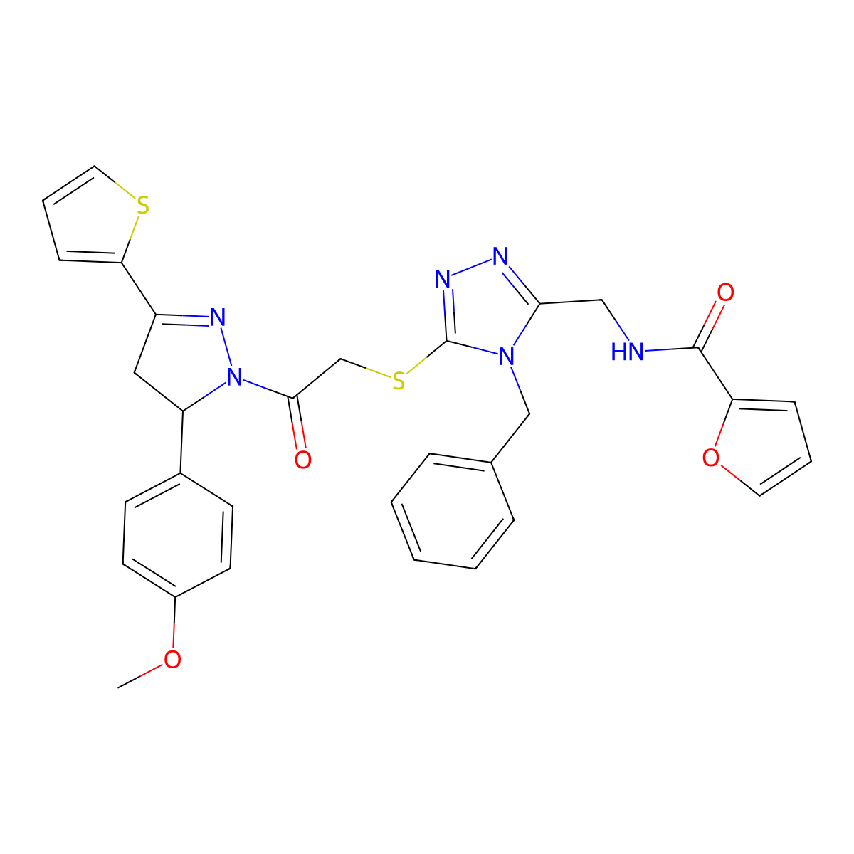 N-((4-benzyl-5-((2-(5-(4-methoxyphenyl)-3-(thiophen-2-yl)-4,5-dihydro-1H-pyrazol-1-yl)-2-oxoethyl)thio)-4H-1,2,4-triazol-3-yl)methyl)furan-2-carboxamide molecular structure, CAS 361149-20-4
