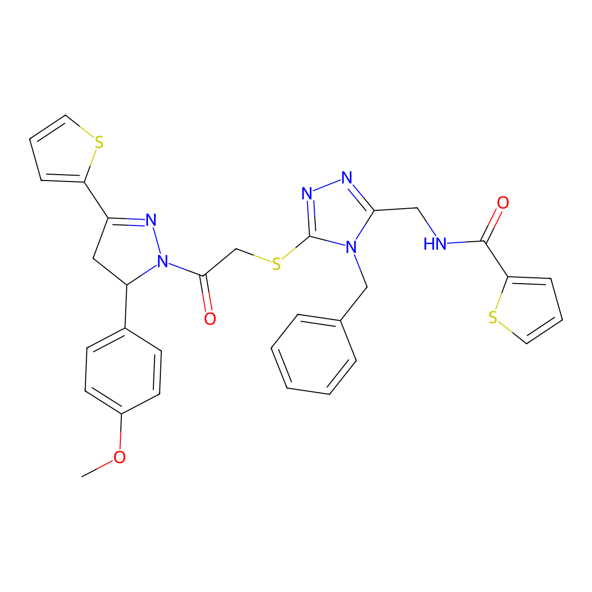 N-[[4-benzyl-5-[2-[3-(4-methoxyphenyl)-5-thiophen-2-yl-3,4-dihydropyrazol-2-yl]-2-oxoethyl]sulfanyl-1,2,4-triazol-3-yl]methyl]thiophene-2-carboxamide molecular structure, CAS 361149-21-5