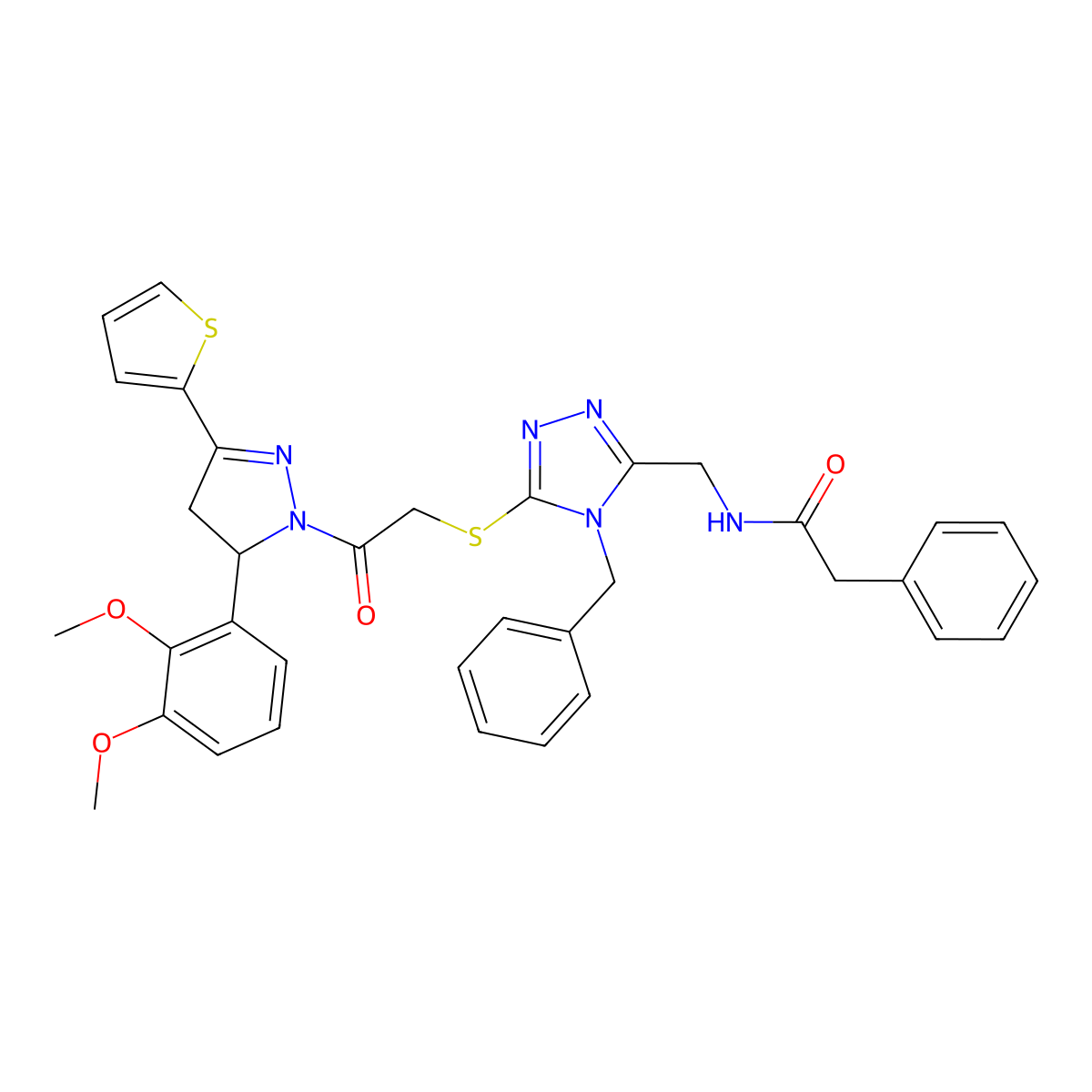 N-((4-benzyl-5-((2-(5-(2,3-dimethoxyphenyl)-3-(thiophen-2-yl)-4,5-dihydro-1H-pyrazol-1-yl)-2-oxoethyl)thio)-4H-1,2,4-triazol-3-yl)methyl)-2-phenylacetamide molecular structure, CAS 361149-28-2