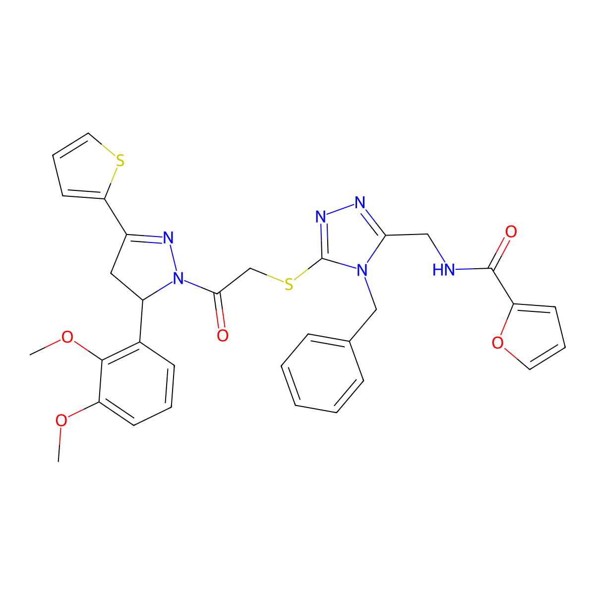 N-((4-benzyl-5-((2-(5-(2,3-dimethoxyphenyl)-3-(thiophen-2-yl)-4,5-dihydro-1H-pyrazol-1-yl)-2-oxoethyl)thio)-4H-1,2,4-triazol-3-yl)methyl)furan-2-carboxamide molecular structure, CAS 361149-29-3