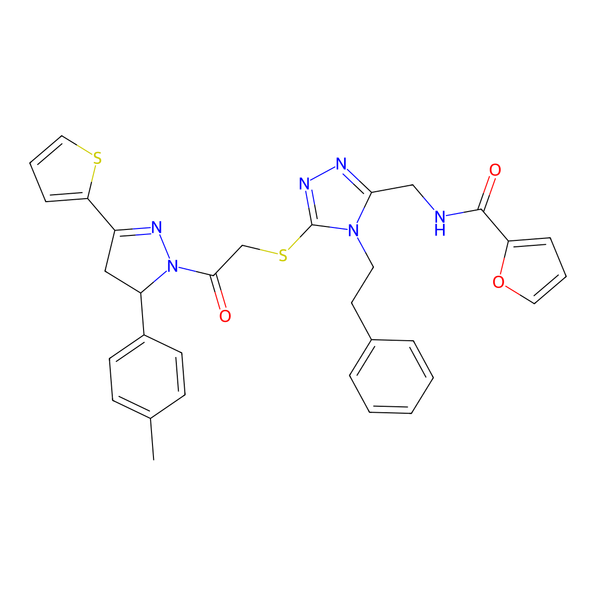 N-((5-((2-oxo-2-(3-(thiophen-2-yl)-5-(p-tolyl)-4,5-dihydro-1H-pyrazol-1-yl)ethyl)thio)-4-phenethyl-4H-1,2,4-triazol-3-yl)methyl)furan-2-carboxamide molecular structure, CAS 361149-35-1