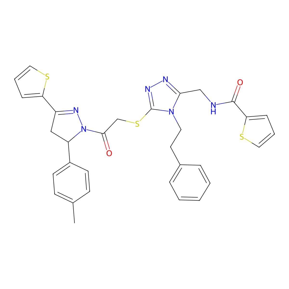 N-((5-((2-oxo-2-(3-(thiophen-2-yl)-5-(p-tolyl)-4,5-dihydro-1H-pyrazol-1-yl)ethyl)thio)-4-phenethyl-4H-1,2,4-triazol-3-yl)methyl)thiophene-2-carboxamide molecular structure, CAS 361149-36-2