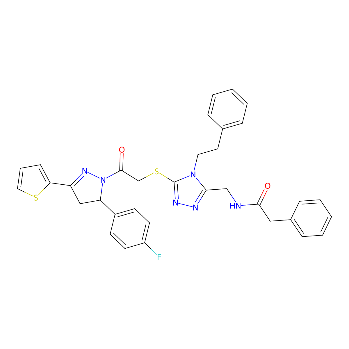 N-((5-((2-(5-(4-fluorophenyl)-3-(thiophen-2-yl)-4,5-dihydro-1H-pyrazol-1-yl)-2-oxoethyl)thio)-4-phenethyl-4H-1,2,4-triazol-3-yl)methyl)-2-phenylacetamide molecular structure, CAS 361149-42-0