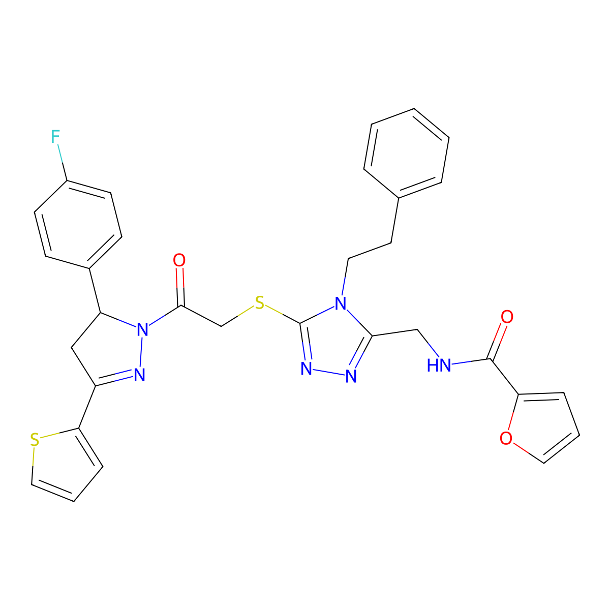 N-((5-((2-(5-(4-fluorophenyl)-3-(thiophen-2-yl)-4,5-dihydro-1H-pyrazol-1-yl)-2-oxoethyl)thio)-4-phenethyl-4H-1,2,4-triazol-3-yl)methyl)furan-2-carboxamide molecular structure, CAS 361149-43-1