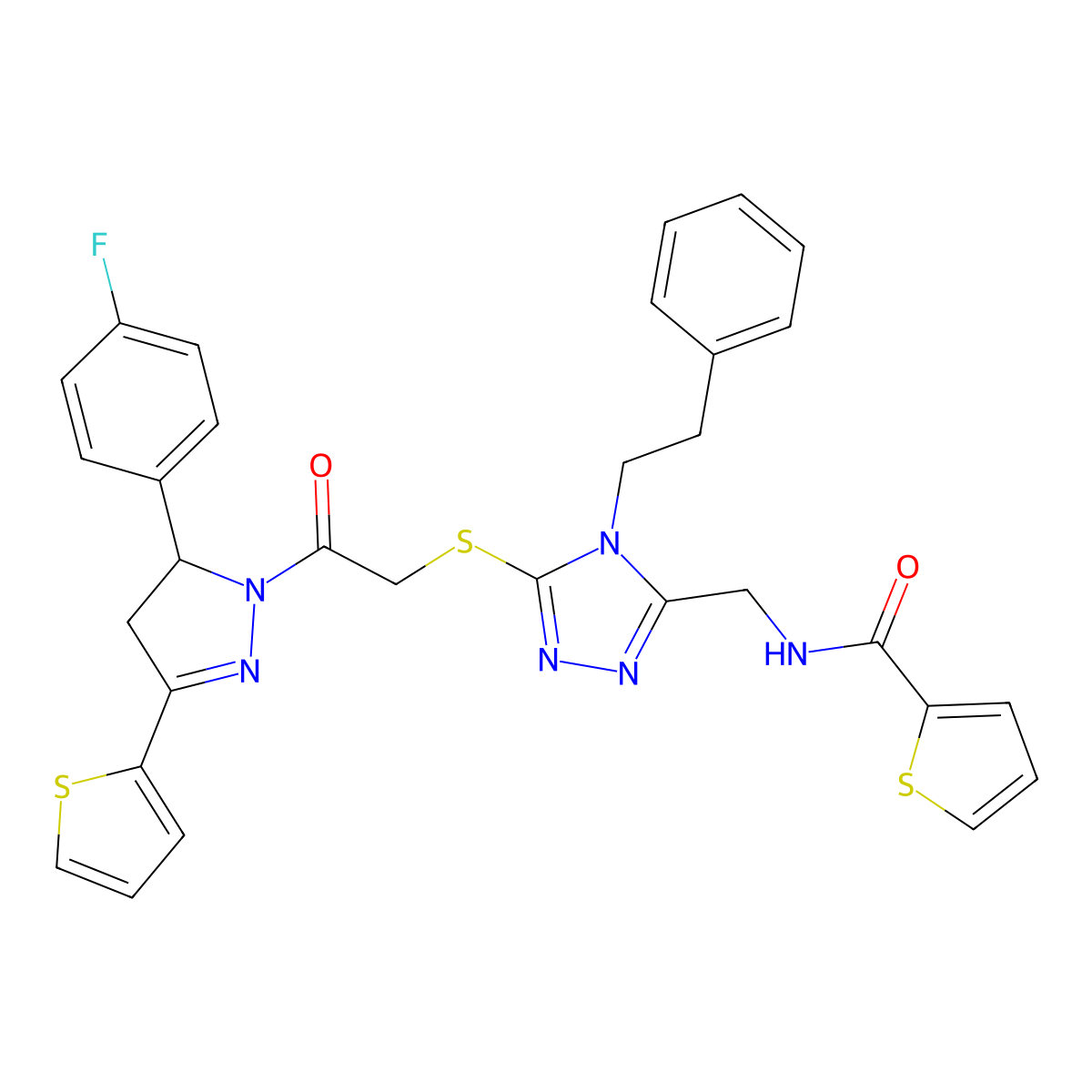 N-((5-((2-(5-(4-fluorophenyl)-3-(thiophen-2-yl)-4,5-dihydro-1H-pyrazol-1-yl)-2-oxoethyl)thio)-4-phenethyl-4H-1,2,4-triazol-3-yl)methyl)thiophene-2-carboxamide molecular structure, CAS 361149-44-2