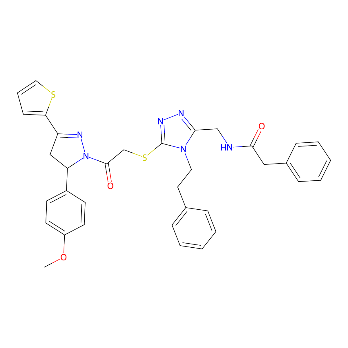 N-((5-((2-(5-(4-methoxyphenyl)-3-(thiophen-2-yl)-4,5-dihydro-1H-pyrazol-1-yl)-2-oxoethyl)thio)-4-phenethyl-4H-1,2,4-triazol-3-yl)methyl)-2-phenylacetamide molecular structure, CAS 361149-47-5