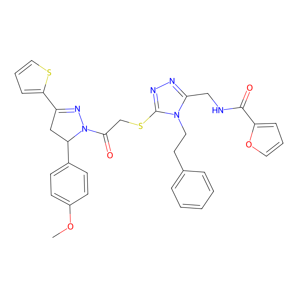 N-((5-((2-(5-(4-methoxyphenyl)-3-(thiophen-2-yl)-4,5-dihydro-1H-pyrazol-1-yl)-2-oxoethyl)thio)-4-phenethyl-4H-1,2,4-triazol-3-yl)methyl)furan-2-carboxamide molecular structure, CAS 361149-48-6