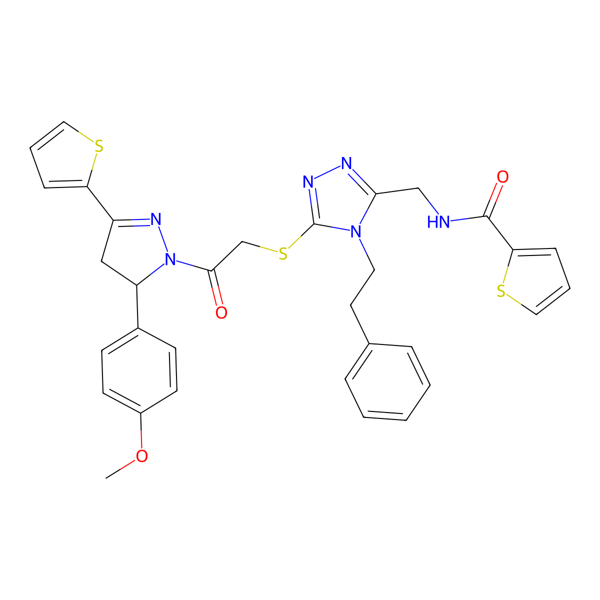 N-((5-((2-(5-(4-methoxyphenyl)-3-(thiophen-2-yl)-4,5-dihydro-1H-pyrazol-1-yl)-2-oxoethyl)thio)-4-phenethyl-4H-1,2,4-triazol-3-yl)methyl)thiophene-2-carboxamide molecular structure, CAS 361149-49-7