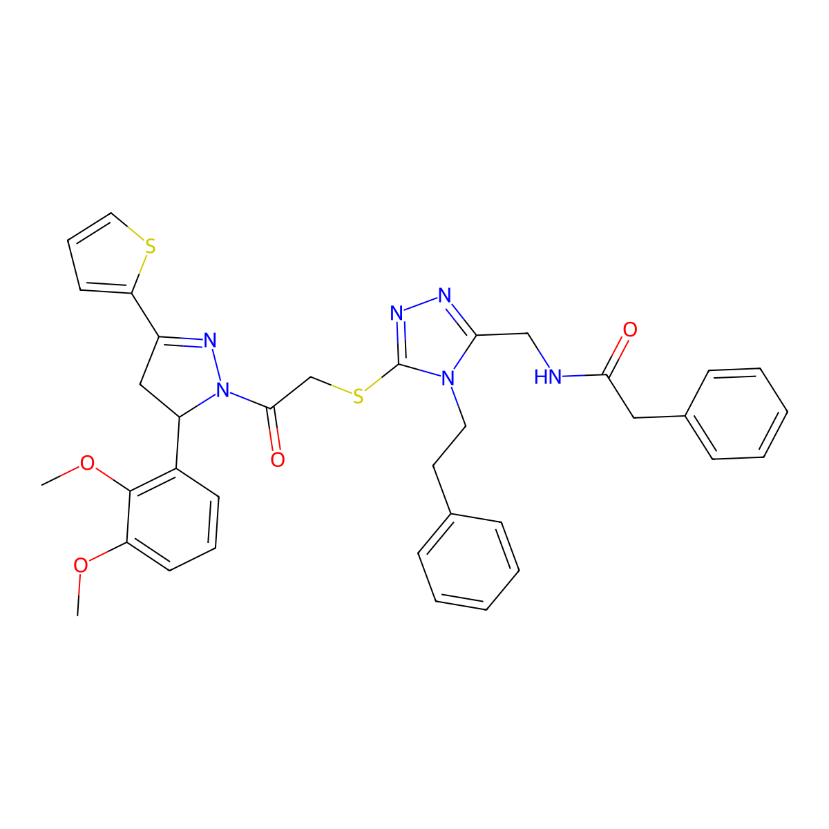 N-((5-((2-(5-(2,3-dimethoxyphenyl)-3-(thiophen-2-yl)-4,5-dihydro-1H-pyrazol-1-yl)-2-oxoethyl)thio)-4-phenethyl-4H-1,2,4-triazol-3-yl)methyl)-2-phenylacetamide molecular structure, CAS 361149-57-7