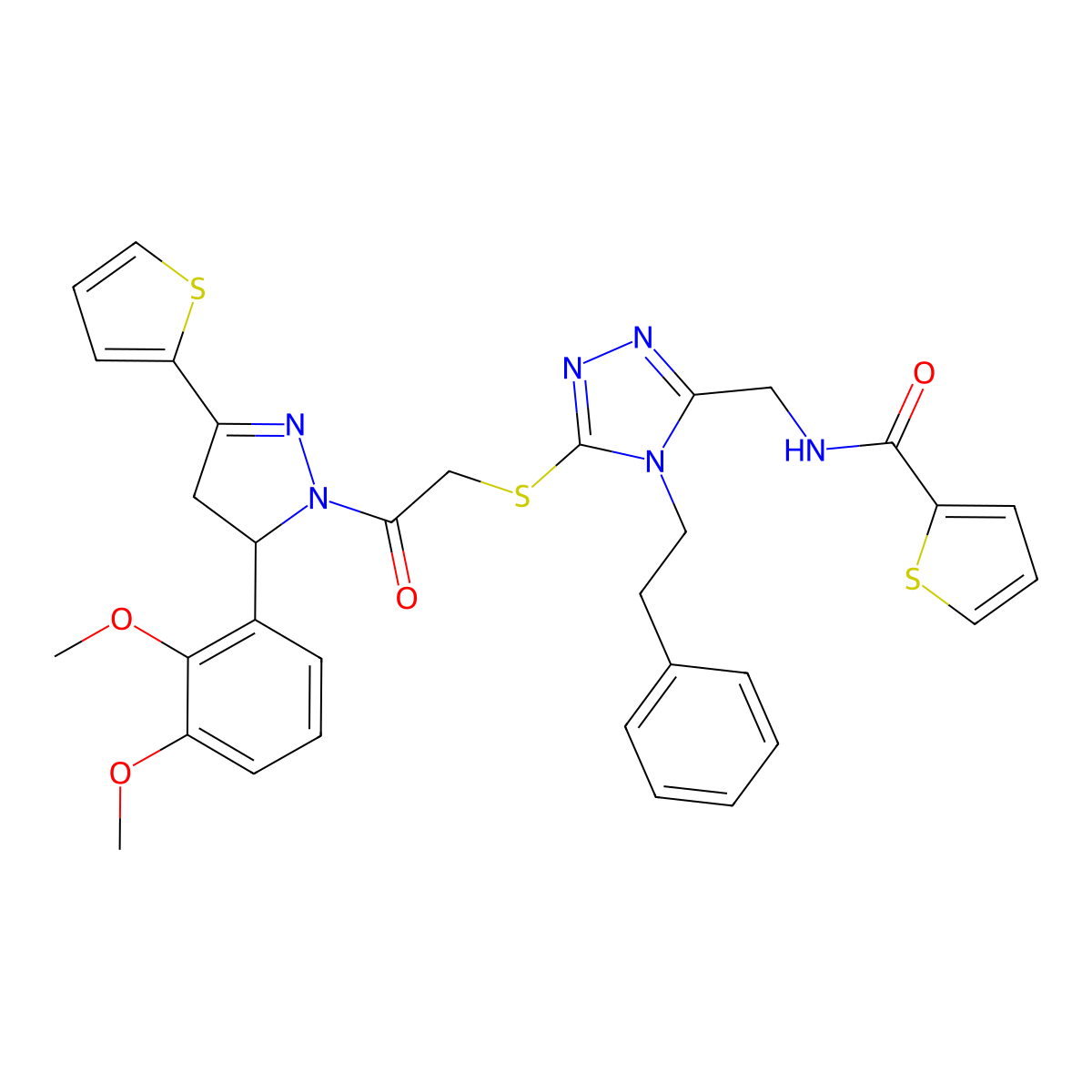 N-((5-((2-(5-(2,3-dimethoxyphenyl)-3-(thiophen-2-yl)-4,5-dihydro-1H-pyrazol-1-yl)-2-oxoethyl)thio)-4-phenethyl-4H-1,2,4-triazol-3-yl)methyl)thiophene-2-carboxamide molecular structure, CAS 361149-58-8