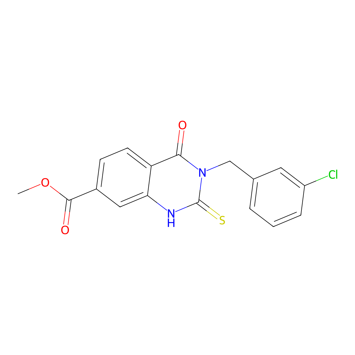 Methyl 3-[(3-chlorophenyl)methyl]-4-oxo-2-sulfanylidene-1H-quinazoline-7-carboxylate molecular structure, CAS 361150-60-9