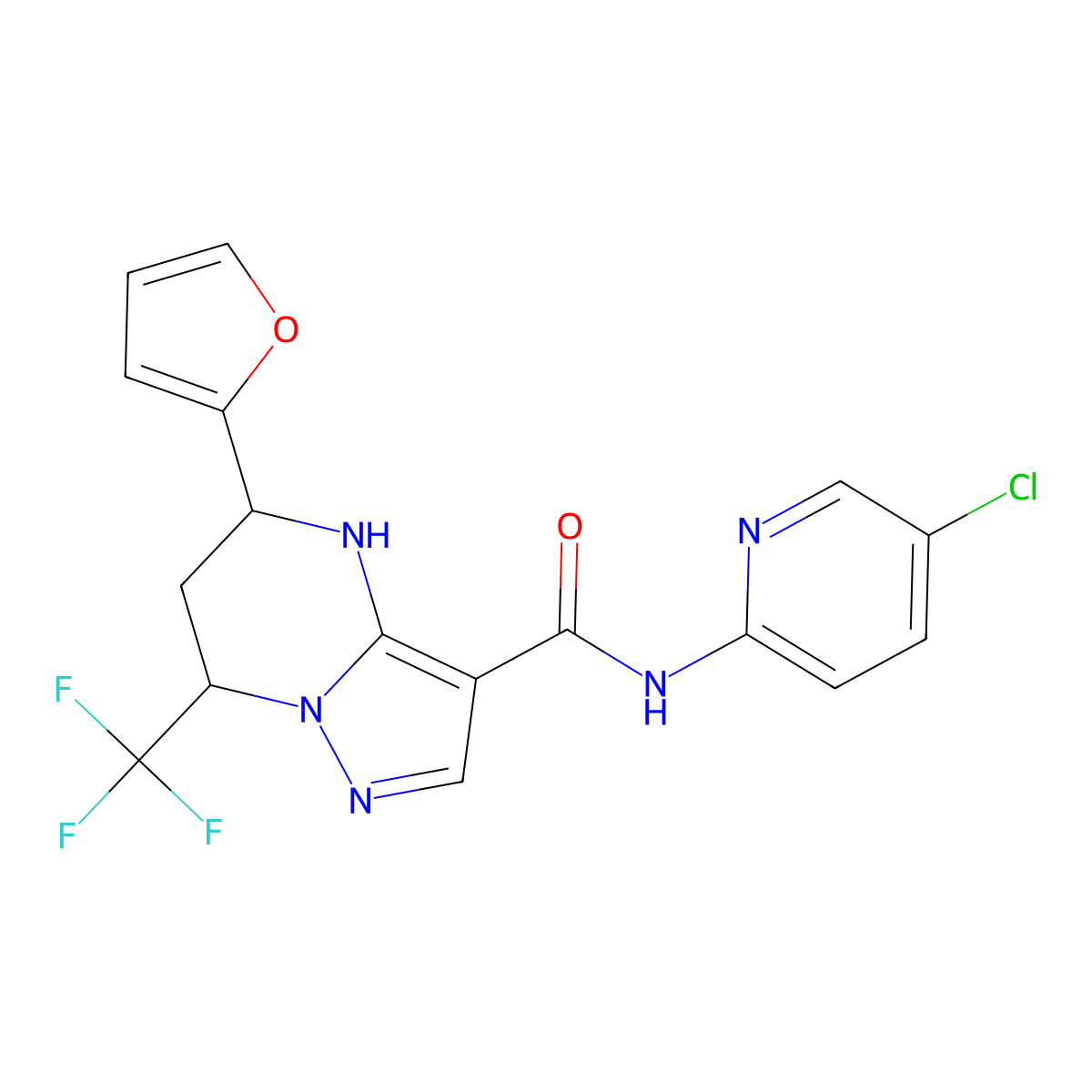 N-(5-chloropyridin-2-yl)-5-(furan-2-yl)-7-(trifluoromethyl)-4,5,6,7-tetrahydropyrazolo[1,5-a]pyrimidine-3-carboxamide molecular structure, CAS 361152-83-2