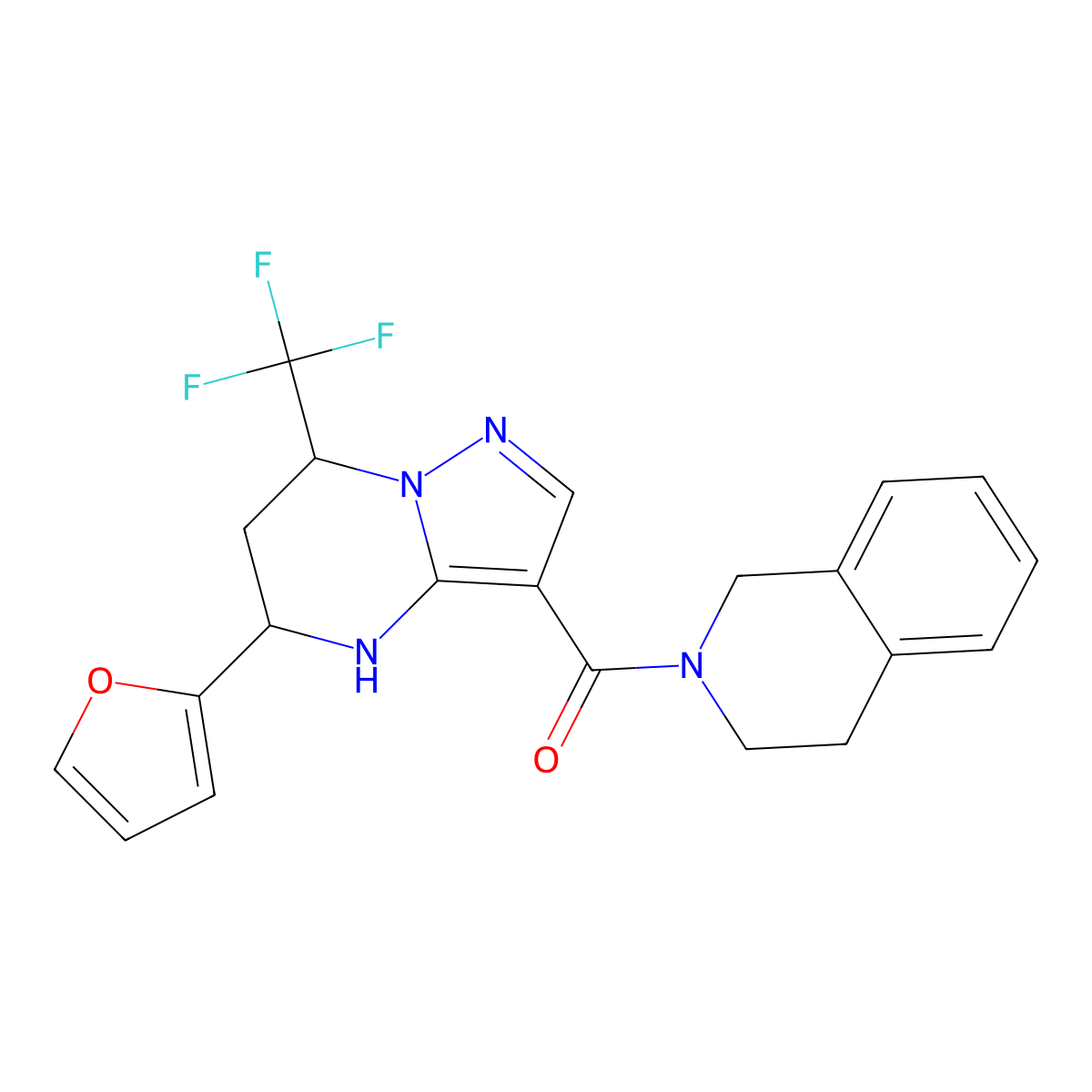3,4-dihydroisoquinolin-2(1H)-yl[5-(furan-2-yl)-7-(trifluoromethyl)-4,5,6,7-tetrahydropyrazolo[1,5-a]pyrimidin-3-yl]methanone molecular structure, CAS 361153-00-6