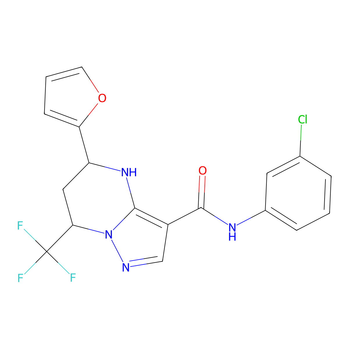 N-(3-chlorophenyl)-5-(furan-2-yl)-7-(trifluoromethyl)-4,5,6,7-tetrahydropyrazolo[1,5-a]pyrimidine-3-carboxamide molecular structure, CAS 361153-08-4
