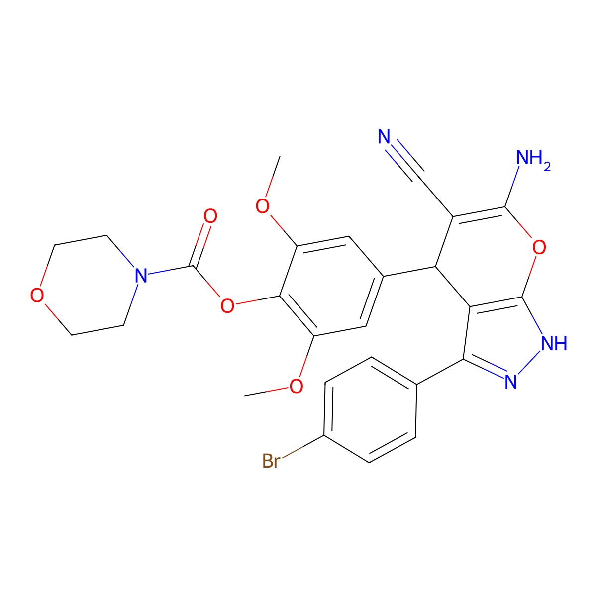 4-(6-Amino-3-(4-bromophenyl)-5-cyano-1,4-dihydropyrano[2,3-c]pyrazol-4-yl)-2,6-dimethoxyphenyl morpholine-4-carboxylate molecular structure, CAS 361153-83-5