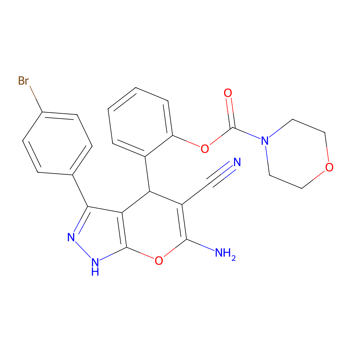 2-(6-Amino-3-(4-bromophenyl)-5-cyano-1,4-dihydropyrano[2,3-c]pyrazol-4-yl)phenyl morpholine-4-carboxylate molecular structure, CAS 361153-85-7
