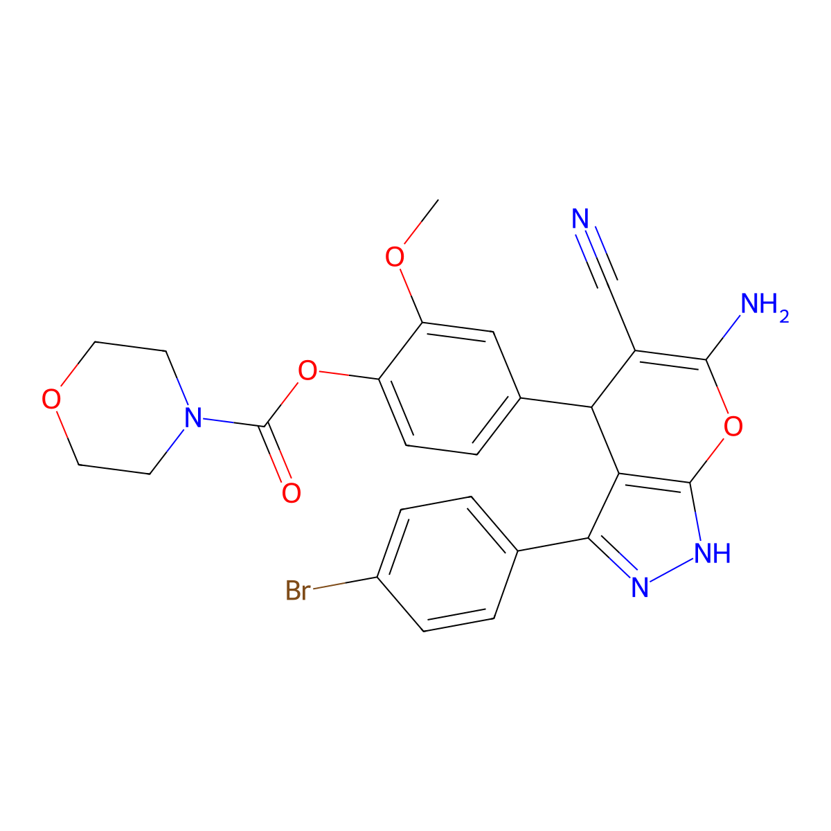 4-(6-Amino-3-(4-bromophenyl)-5-cyano-1,4-dihydropyrano[2,3-c]pyrazol-4-yl)-2-methoxyphenyl morpholine-4-carboxylate molecular structure, CAS 361153-87-9