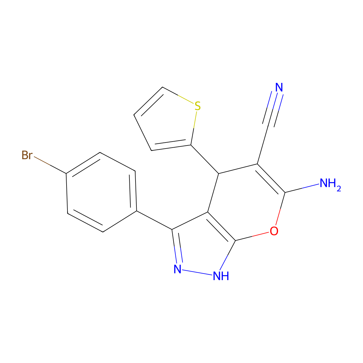 6-Amino-3-(4-bromophenyl)-4-thiophen-2-yl-2,4-dihydropyrano[2,3-c]pyrazole-5-carbonitrile molecular structure, CAS 361153-93-7