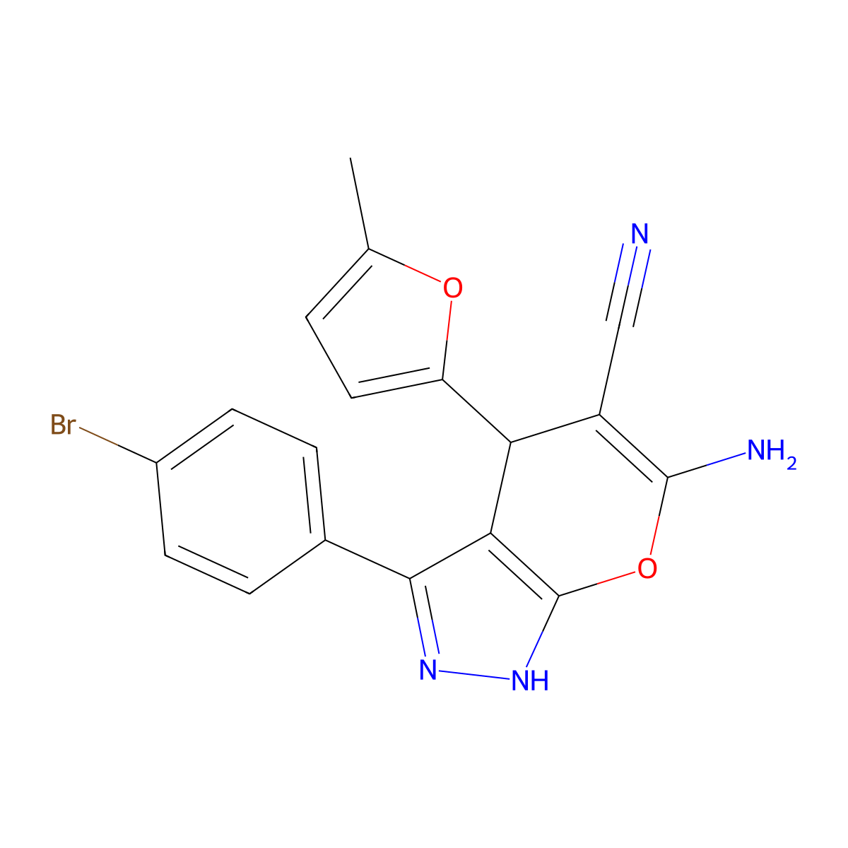 6-Amino-3-(4-bromophenyl)-4-(5-methylfuran-2-yl)-2,4-dihydropyrano[2,3-c]pyrazole-5-carbonitrile molecular structure, CAS 361153-95-9