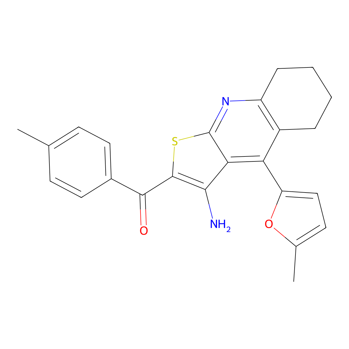 (3-Amino-4-(5-methylfuran-2-yl)-5,6,7,8-tetrahydrothieno[2,3-b]quinolin-2-yl)(p-tolyl)methanone molecular structure, CAS 361153-99-3