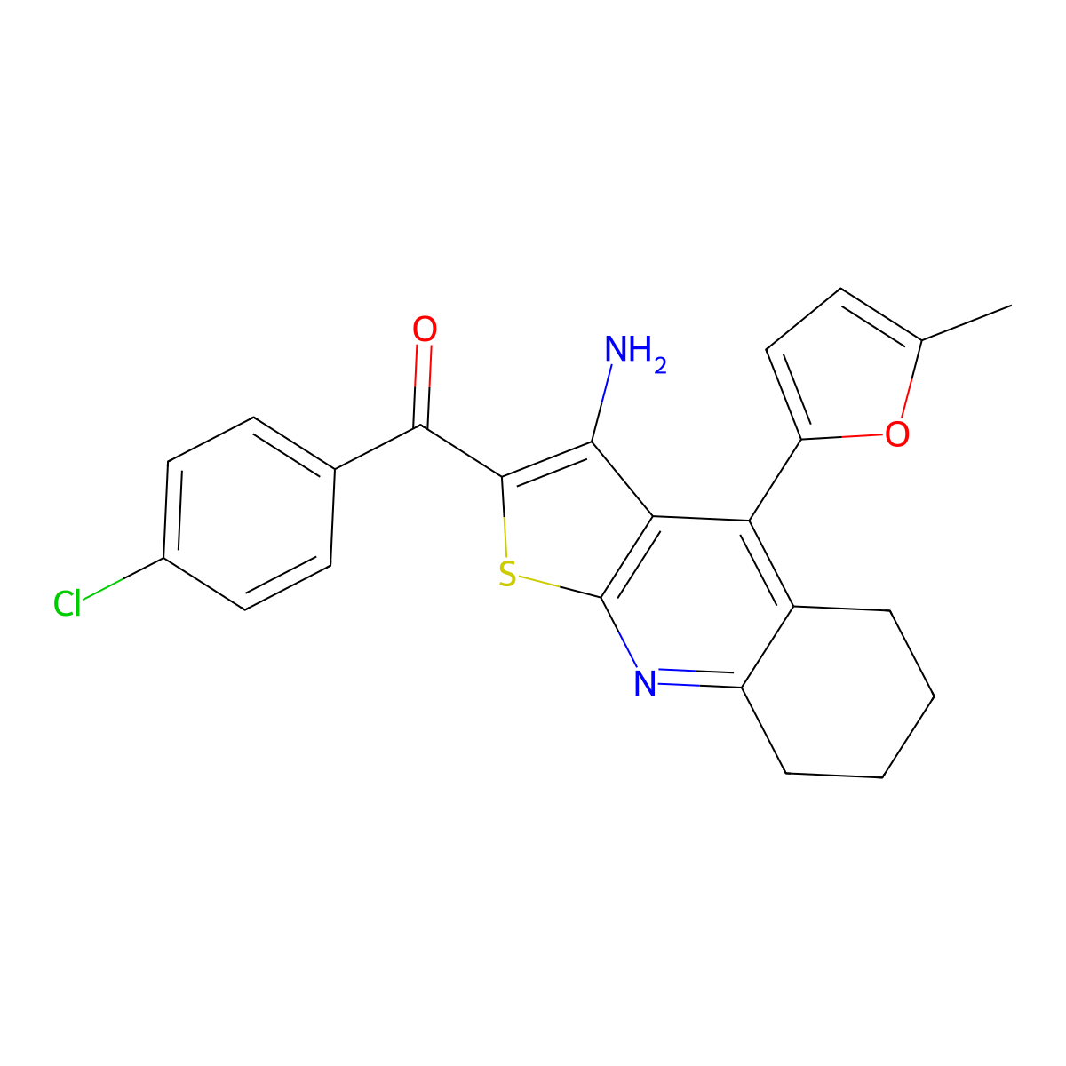 (3-Amino-4-(5-methylfuran-2-yl)-5,6,7,8-tetrahydrothieno[2,3-b]quinolin-2-yl)(4-chlorophenyl)methanone molecular structure, CAS 361154-01-0