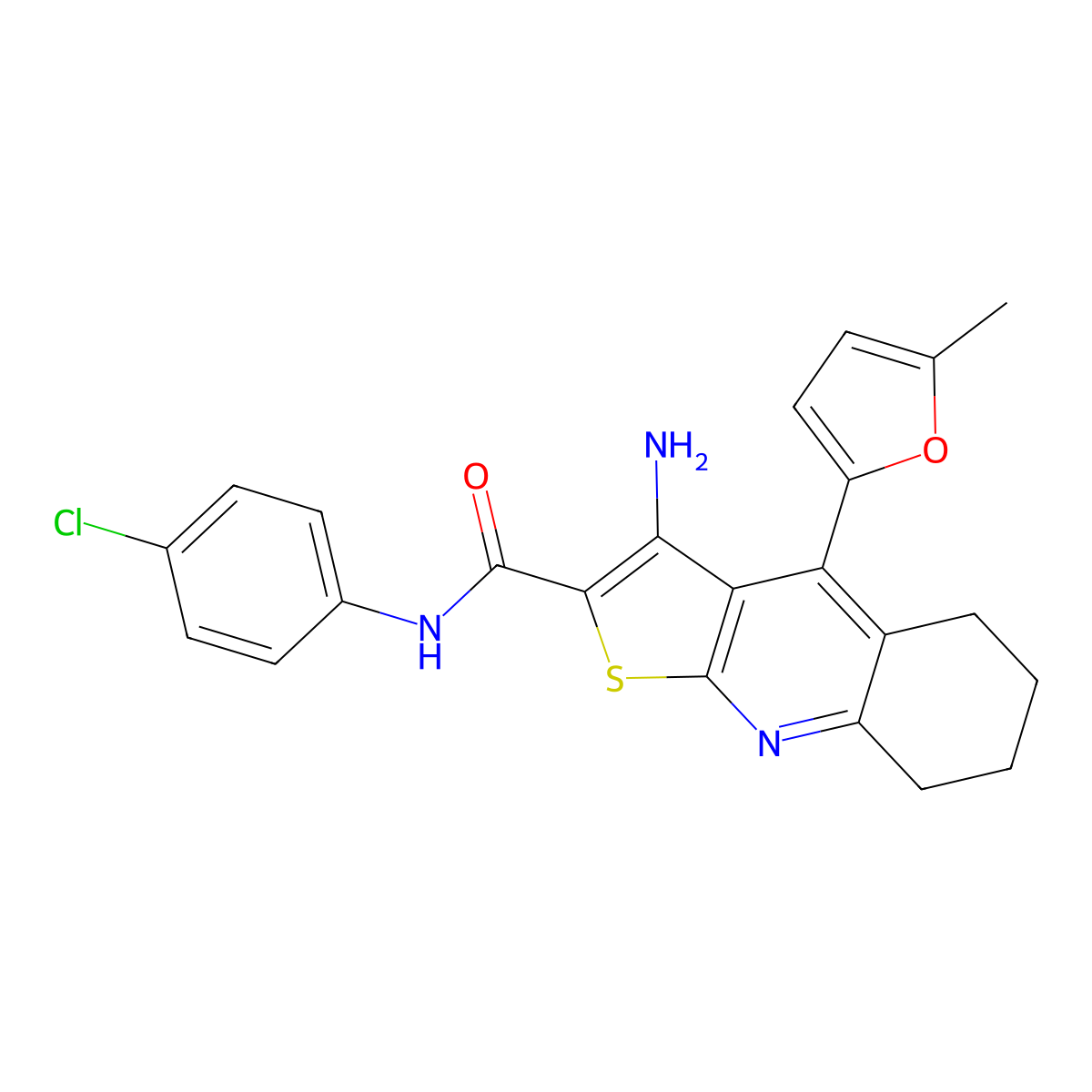 3-amino-N-(4-chlorophenyl)-4-(5-methylfuran-2-yl)-5,6,7,8-tetrahydrothieno[2,3-b]quinoline-2-carboxamide molecular structure, CAS 361154-05-4
