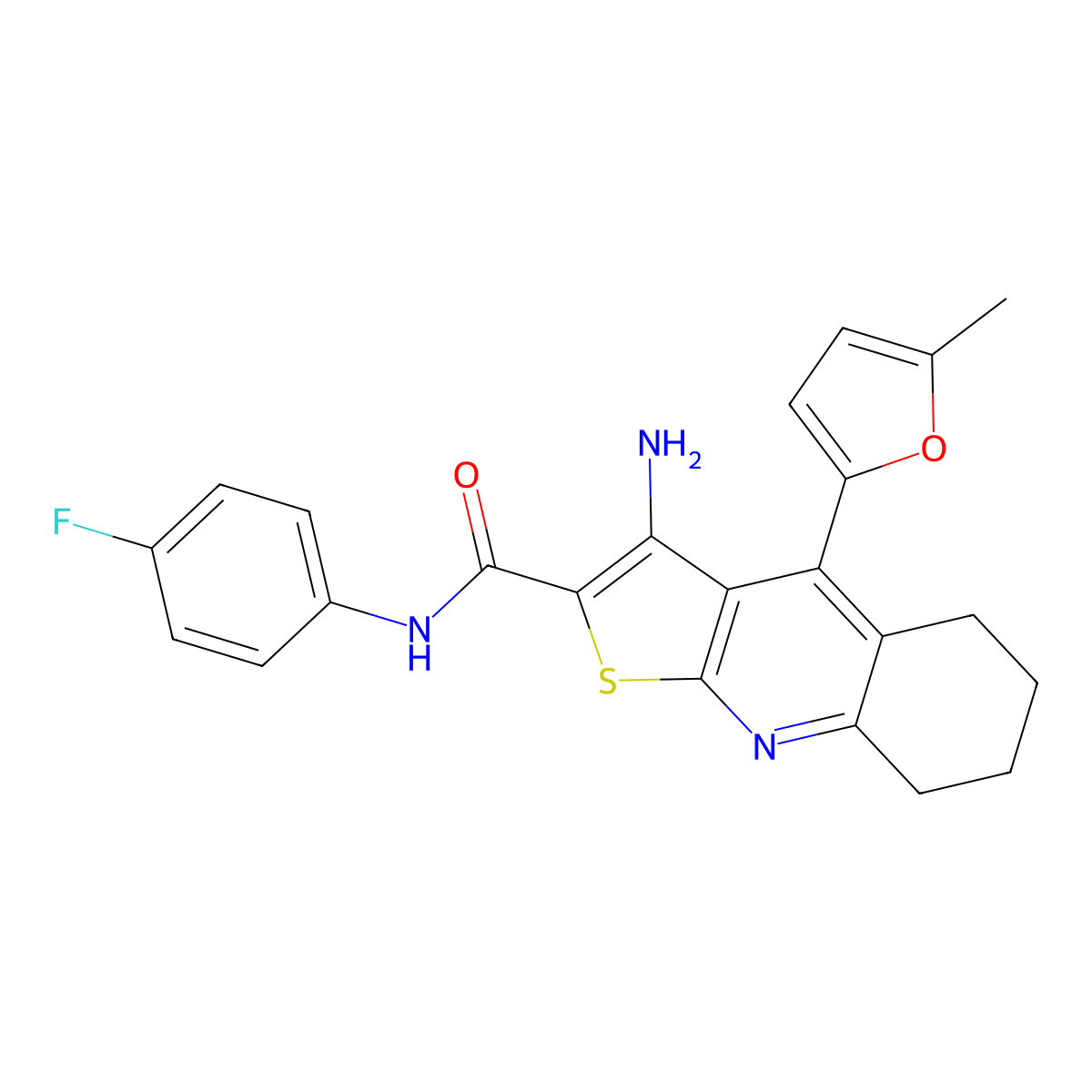 3-amino-N-(4-fluorophenyl)-4-(5-methylfuran-2-yl)-5,6,7,8-tetrahydrothieno[2,3-b]quinoline-2-carboxamide molecular structure, CAS 361154-06-5