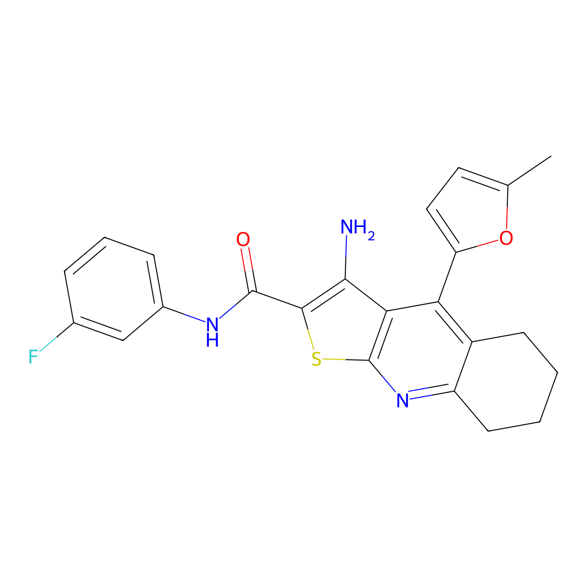 3-amino-N-(3-fluorophenyl)-4-(5-methylfuran-2-yl)-5,6,7,8-tetrahydrothieno[2,3-b]quinoline-2-carboxamide molecular structure, CAS 361154-07-6