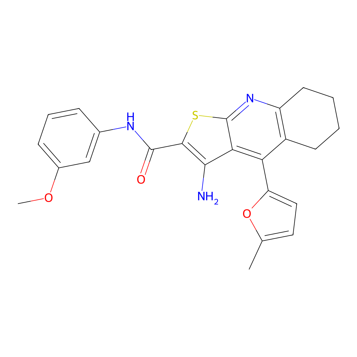 3-amino-N-(3-methoxyphenyl)-4-(5-methylfuran-2-yl)-5,6,7,8-tetrahydrothieno[2,3-b]quinoline-2-carboxamide molecular structure, CAS 361154-15-6