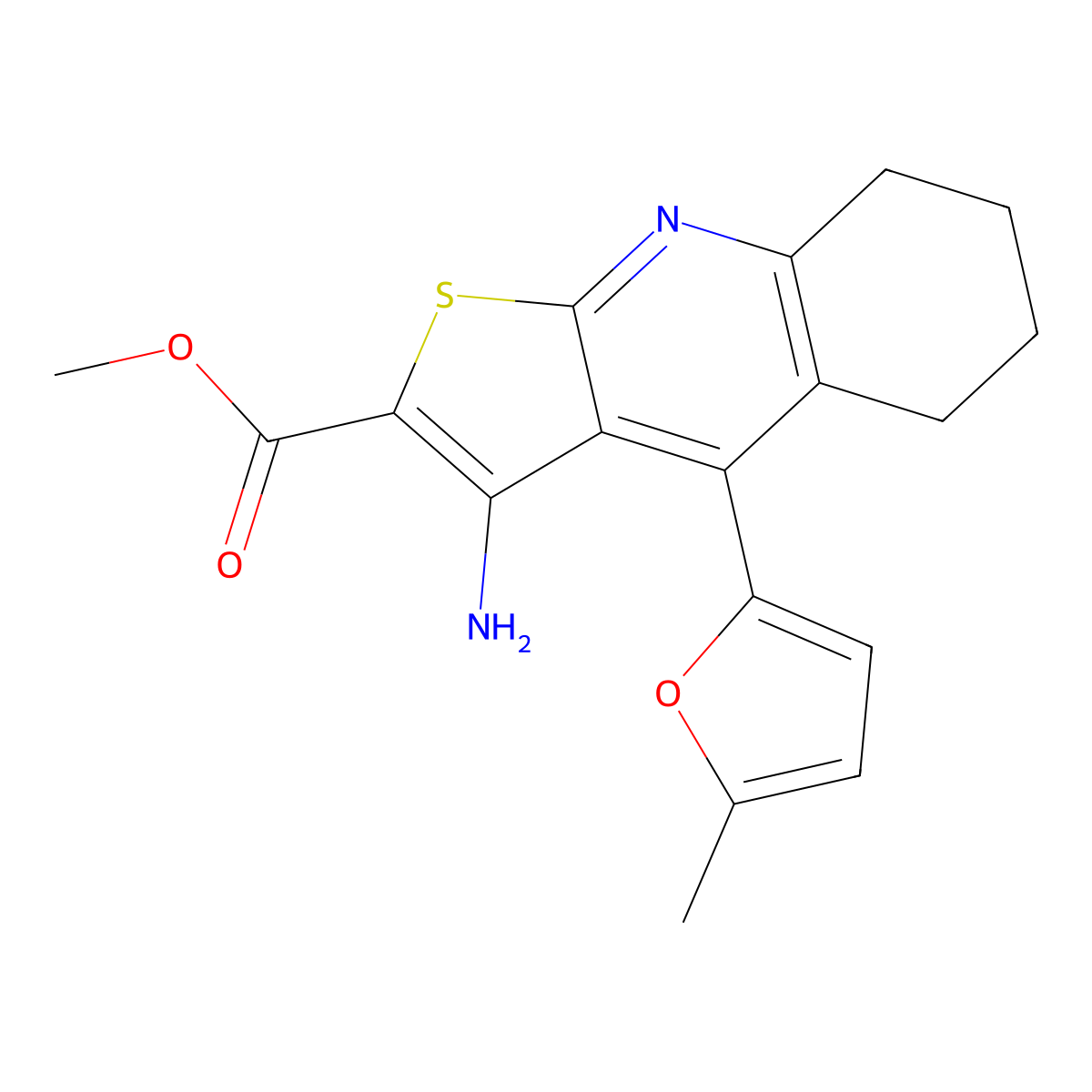 Methyl 3-amino-4-(5-methyl-2-furyl)-5,6,7,8-tetrahydrothieno[2,3-b]quinoline-2-carboxylate molecular structure, CAS 361155-63-7