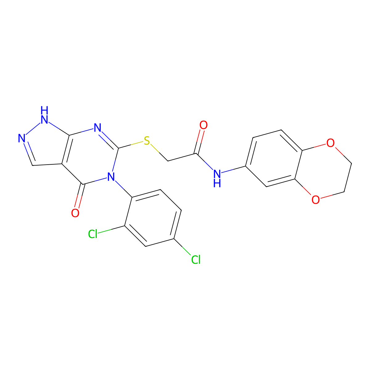 2-[[5-(2,4-dichlorophenyl)-4-oxo-1H-pyrazolo[3,4-d]pyrimidin-6-yl]sulfanyl]-N-(2,3-dihydro-1,4-benzodioxin-6-yl)acetamide molecular structure, CAS 361155-74-0