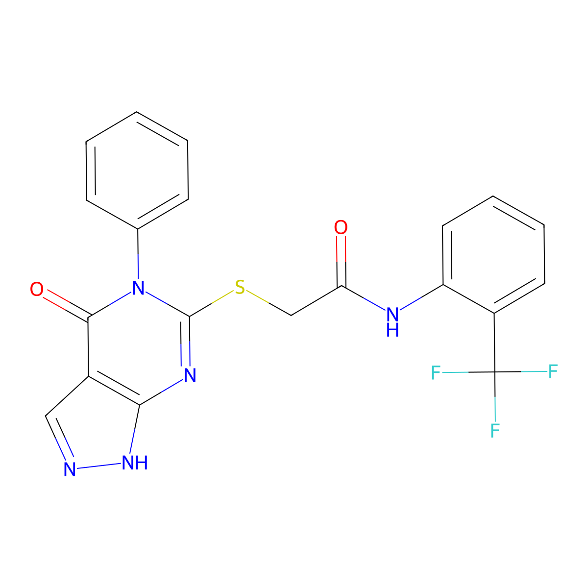 2-[(4-oxo-5-phenyl-1H-pyrazolo[3,4-d]pyrimidin-6-yl)sulfanyl]-N-[2-(trifluoromethyl)phenyl]acetamide molecular structure, CAS 361155-96-6