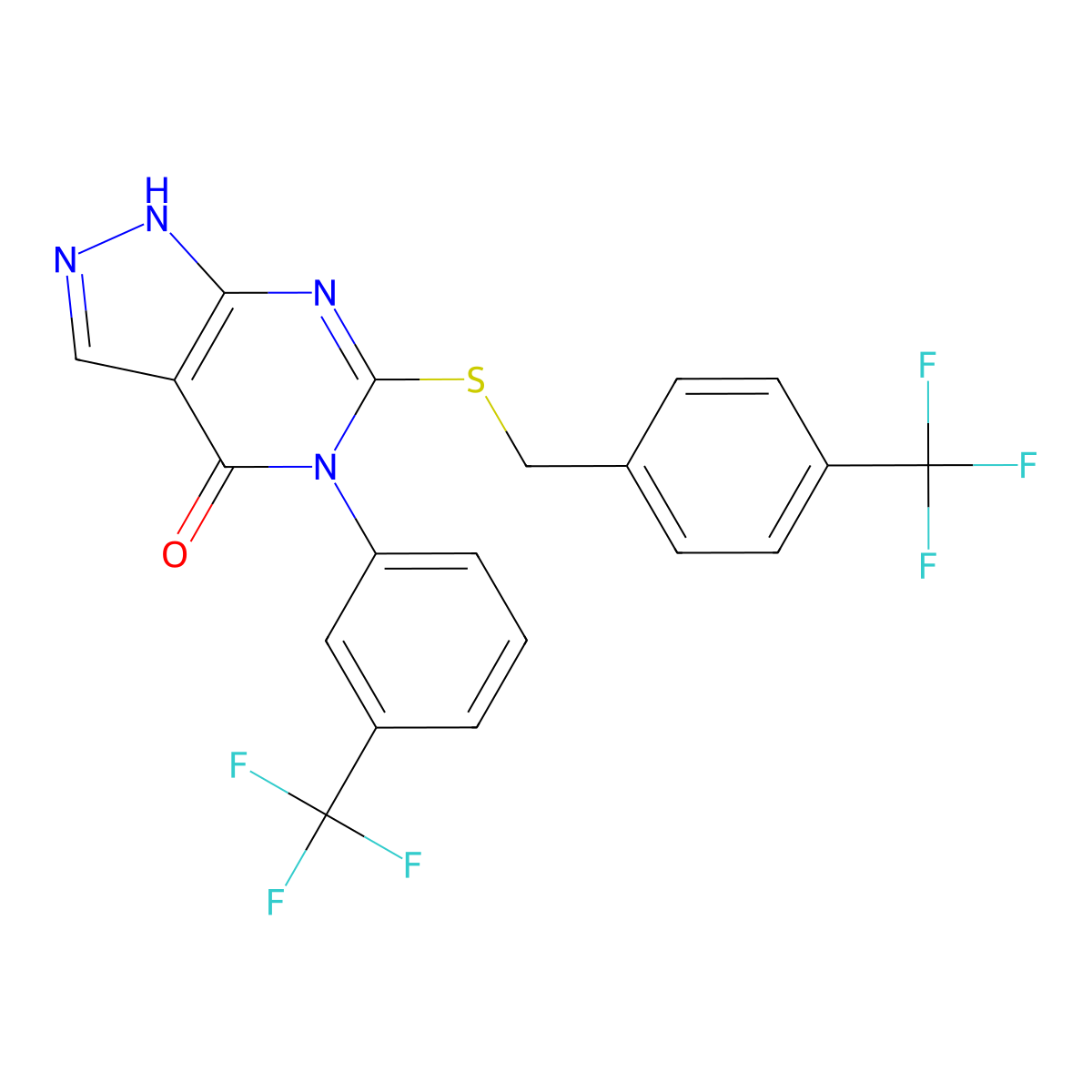 6-((4-(trifluoromethyl)benzyl)thio)-5-(3-(trifluoromethyl)phenyl)-1H-pyrazolo[3,4-d]pyrimidin-4(5H)-one molecular structure, CAS 361156-19-6