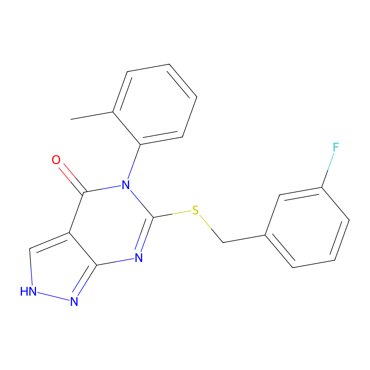 6-[(3-fluorophenyl)methylsulfanyl]-5-(2-methylphenyl)-1H-pyrazolo[3,4-d]pyrimidin-4-one molecular structure, CAS 361156-54-9