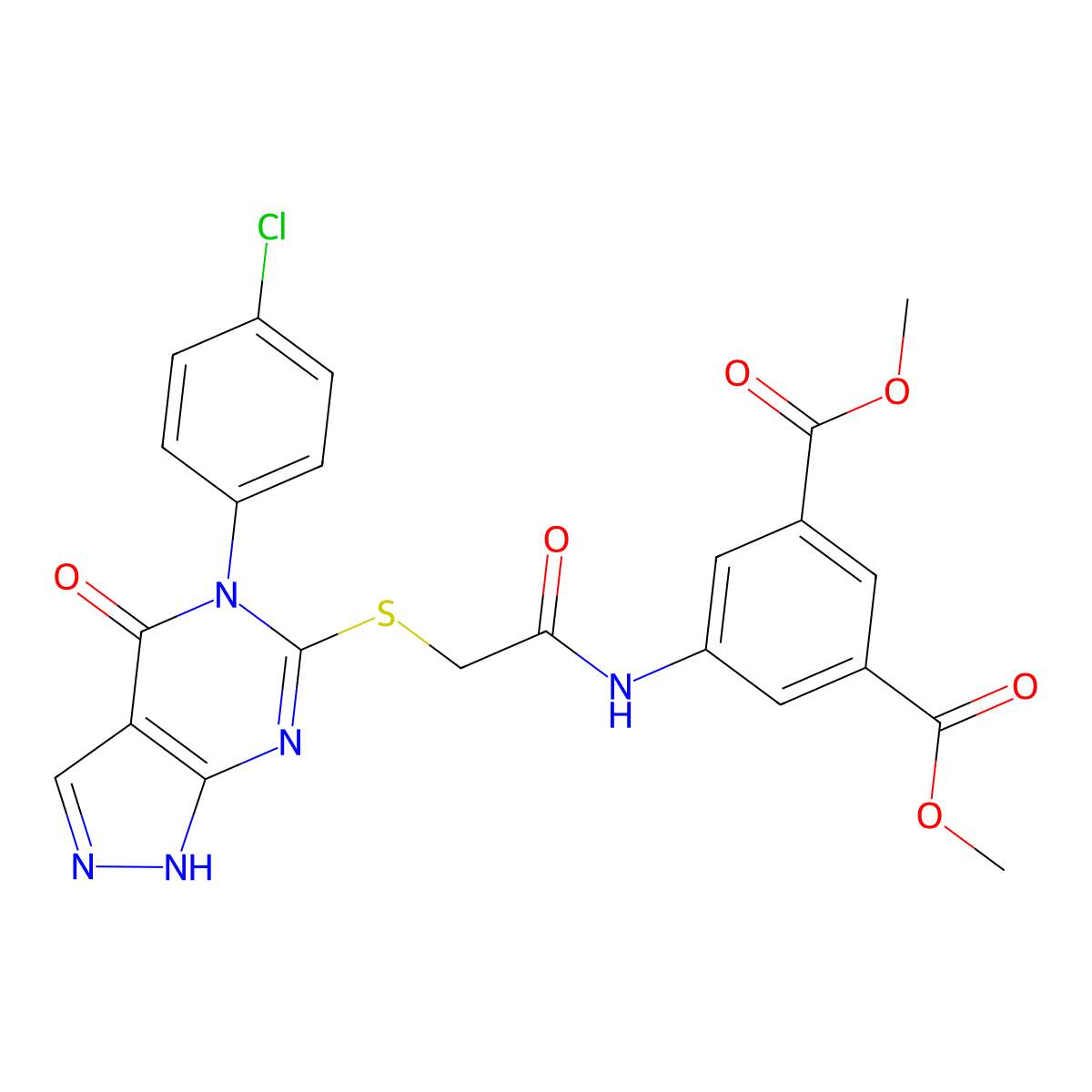 dimethyl 5-[[2-[[5-(4-chlorophenyl)-4-oxo-1H-pyrazolo[3,4-d]pyrimidin-6-yl]sulfanyl]acetyl]amino]benzene-1,3-dicarboxylate molecular structure, CAS 361156-64-1