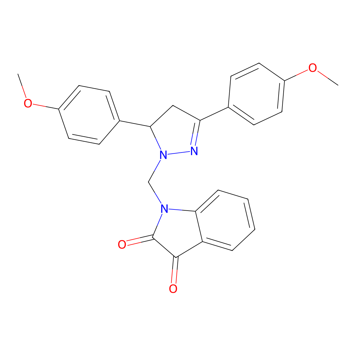 1-((3,5-bis(4-methoxyphenyl)-4,5-dihydro-1H-pyrazol-1-yl)methyl)indoline-2,3-dione molecular structure, CAS 361160-38-5