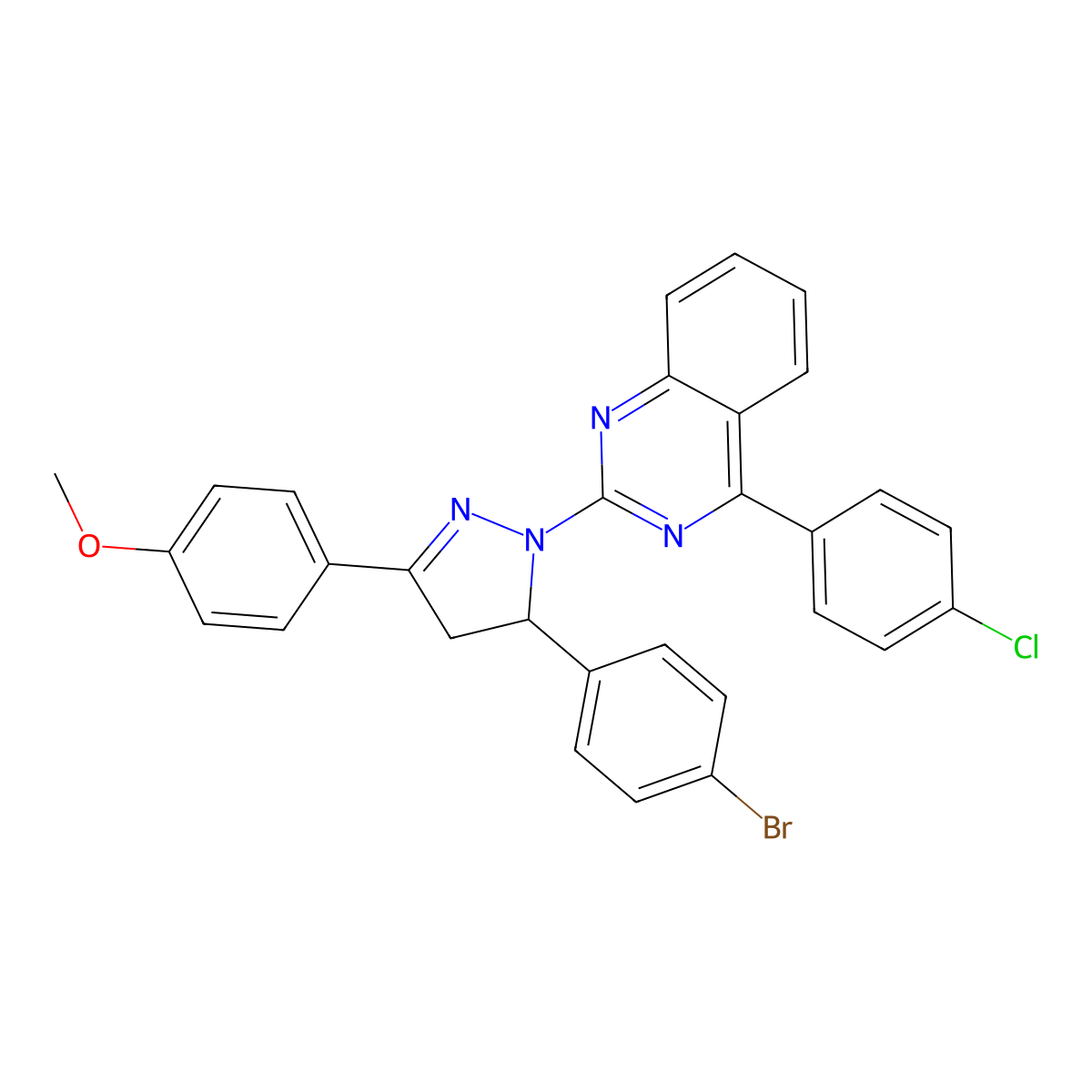 2-(5-(4-bromophenyl)-3-(4-methoxyphenyl)-4,5-dihydro-1H-pyrazol-1-yl)-4-(4-chlorophenyl)quinazoline molecular structure, CAS 361160-52-3